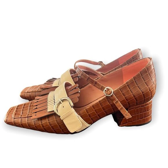 CHIN CHIN Designer Crocodile Print Square Toe Leather Fringe Heeled Loafers - Picture 1 of 15